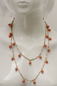 Gold Tone Chain Necklace with Filigree and Faux Coral circa 1940s